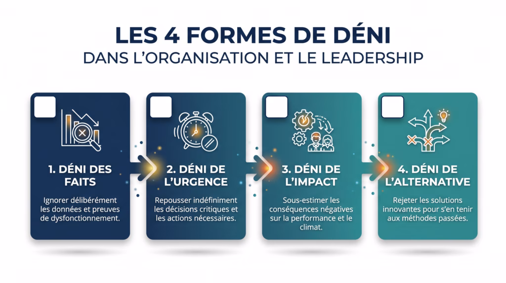 Consultant PME et ETI | COESOR | Ce qu'on sait, ce qu'on nie : la double grille qui explique pourquoi le changement cale. Infographie des 4 formes de déni en leadership organisationnel