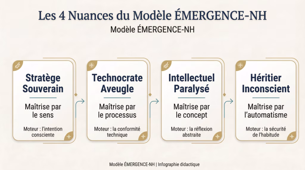 Consultant PME et ETI | COESOR | Les archétypes décisionnels Infographie des 4 nuances du Modèle ÉMERGENCE-NH