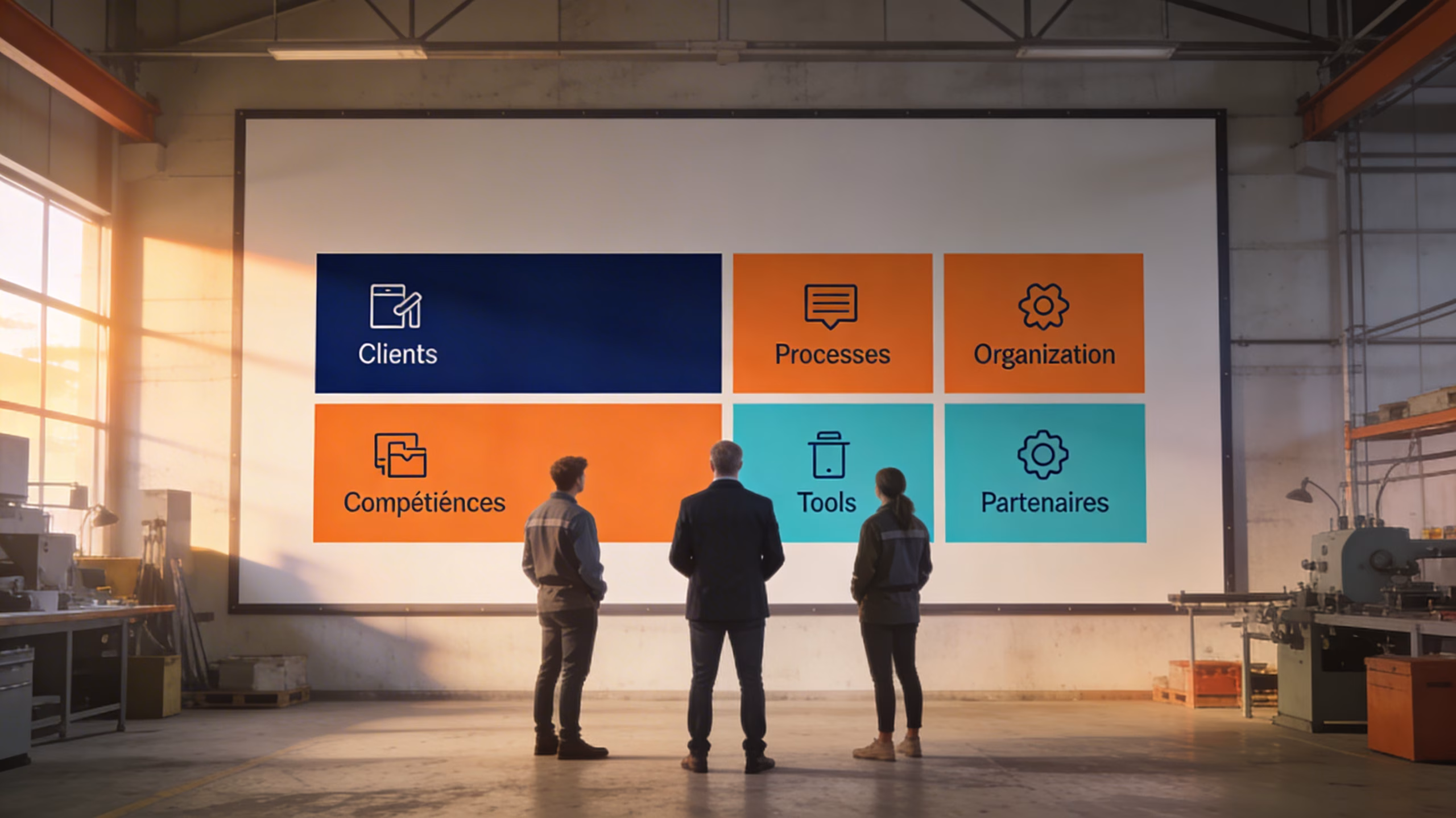 Trois professionnels analysant un tableau stratégique en entrepôt