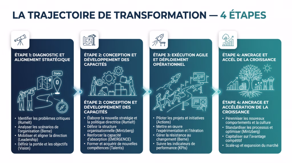 Consultant PME et ETI | COESOR | Conduire le changement en PME/ETI : pourquoi la structure ne suffit pas Infographie des 4 étapes de la trajectoire de transformation