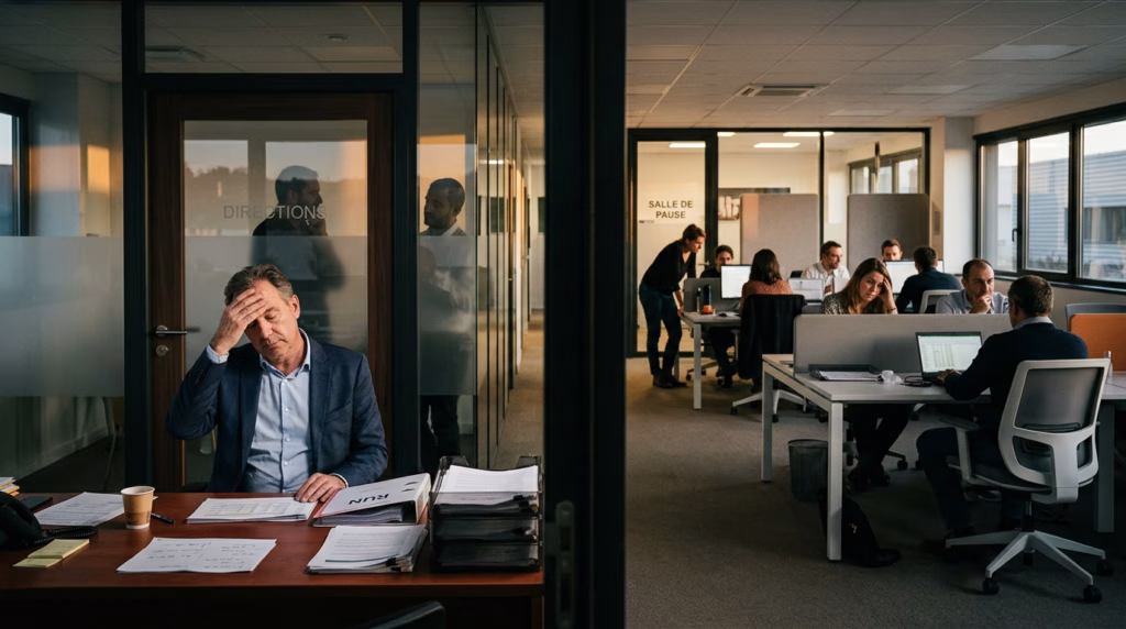 article-strategie-collaborateurs <span class="bsf-rt-reading-time"><span class="bsf-rt-display-label" prefix="Temps de lecture"></span> <span class="bsf-rt-display-time" reading_time="8"></span> <span class="bsf-rt-display-postfix" postfix="mns"></span></span><!-- .bsf-rt-reading-time --> Dirigeant stressé dans son bureau face à des employés actifs