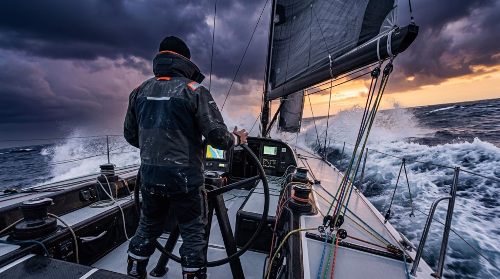 Skipper à la barre d'un voilier par mer agitée
