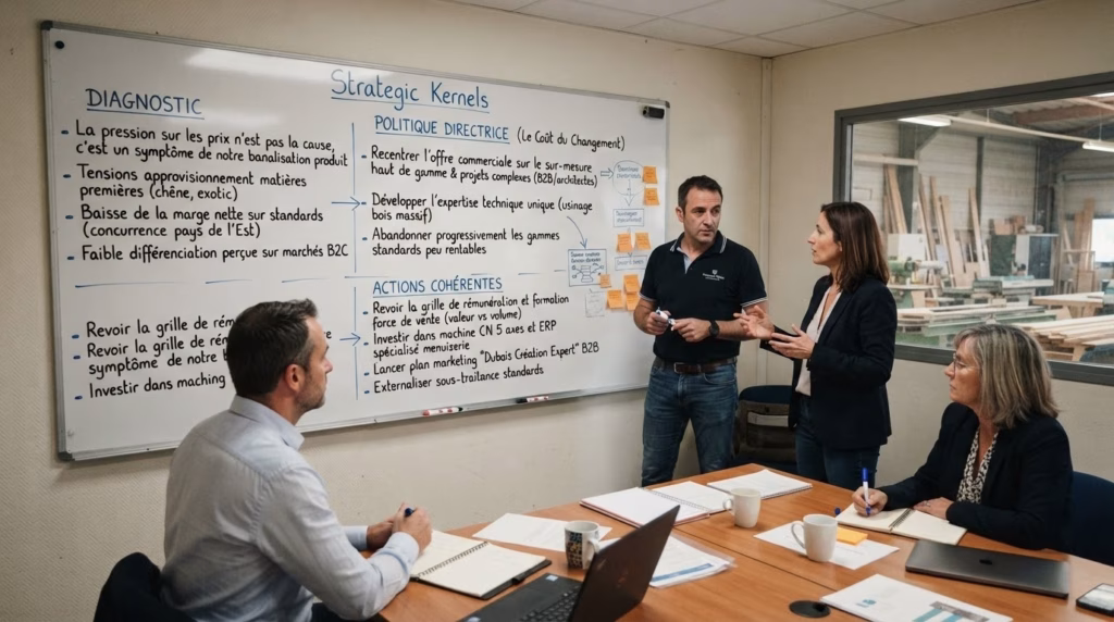 Le Kernel de Richard Rumelt, le guide pour PME et ETI <span class="bsf-rt-reading-time"><span class="bsf-rt-display-label" prefix="Temps de lecture"></span> <span class="bsf-rt-display-time" reading_time="24"></span> <span class="bsf-rt-display-postfix" postfix="mns"></span></span><!-- .bsf-rt-reading-time --> Réunion stratégique d'entreprise autour d'un tableau blanc